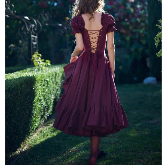 NEW Selkie The Bordeaux Foxglove Lace Up Midi Cotton Dress - Burgundy Wine Red - Picture 4 of 11